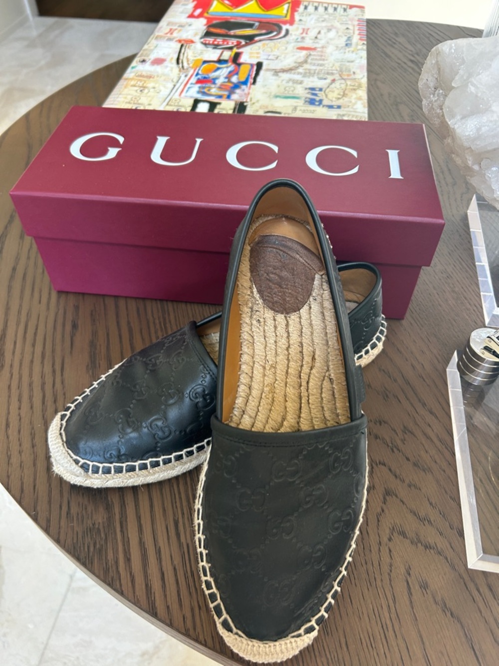 Gucci Black Leather Espadrilles with Natural Rope Trim
